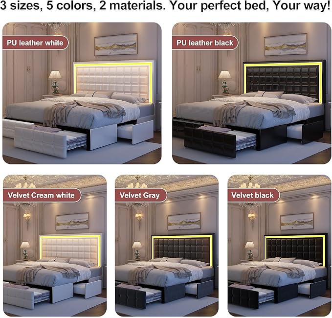 Full Bed Frame with LED Lighting and Storage Drawers, No Box Spring Needed, Supports 900 lbs, Easy Assembly, Quiet and Sturdy Design, Velvet Gray