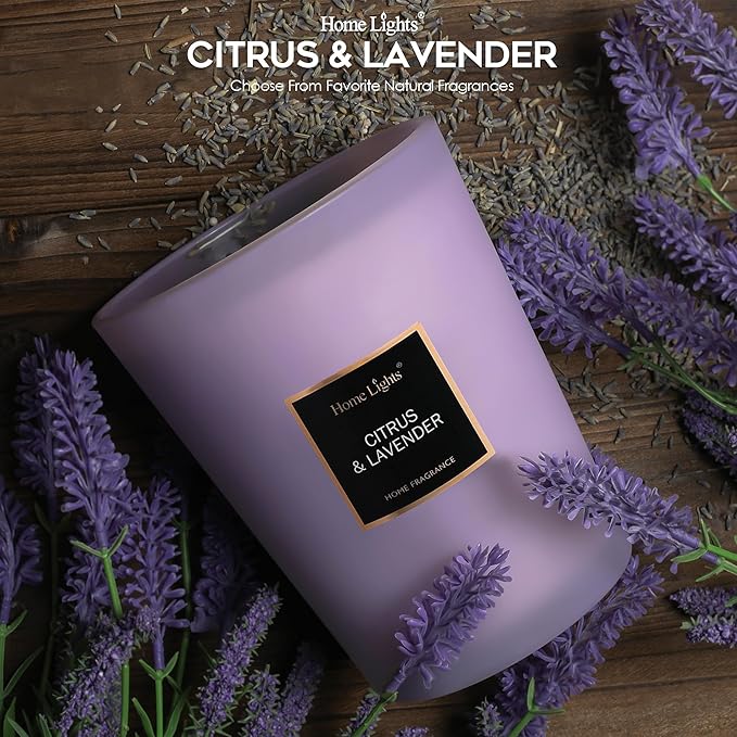 HomeLights Scented Candles - Large Jar Aromatherapy, Natural Soy Wax, 130 Hour Long Burning, Citrus & Lavender