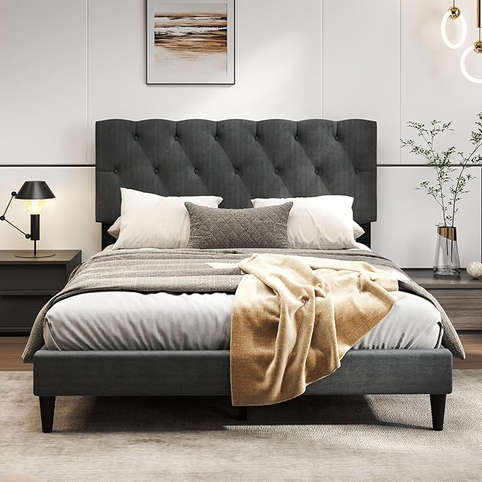 Giantex Full Size Platform Bed Frame, Modern Upholstered Bed Frame with Diamond Tufting Headboard, Wooden Slats Support, No Box Spring Needed, Gray