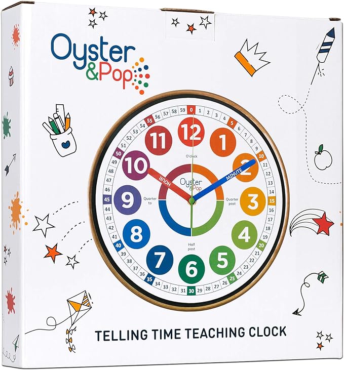 Oyster&Pop Learning Clock for Kids - Silent Telling The Time Teaching Clocks - Non-Ticking Kids Clocks for Bedrooms - Classroom Clocks for Teaching Time - Kids Learn to Tell Time Easily