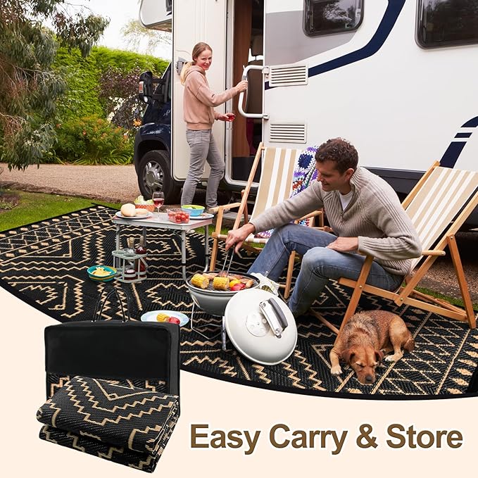 Wonnitar 8x10 Outdoor Rug, Large Waterproof Reversible Outdoor Patio Area Rug, Indoor/Outdoor Plastic Straw Portable Camping Rug for Outside RV Balcony Garden Deck (Black & Brown,8'x10')