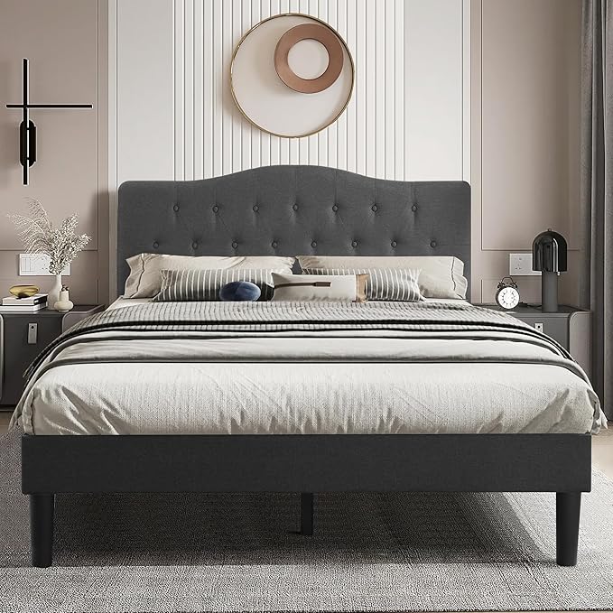 VECELO Queen Size Bed Frame Upholstered Platform with Tufted Adjustable Headboard/Mattress Foundation Wood Slat Support/Easy Assembly,Grey