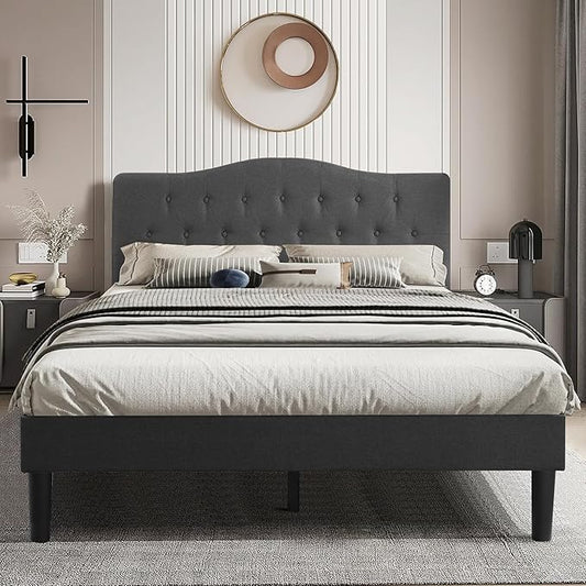 VECELO Queen Size Bed Frame Upholstered Platform with Tufted Adjustable Headboard/Mattress Foundation Wood Slat Support/Easy Assembly,Grey