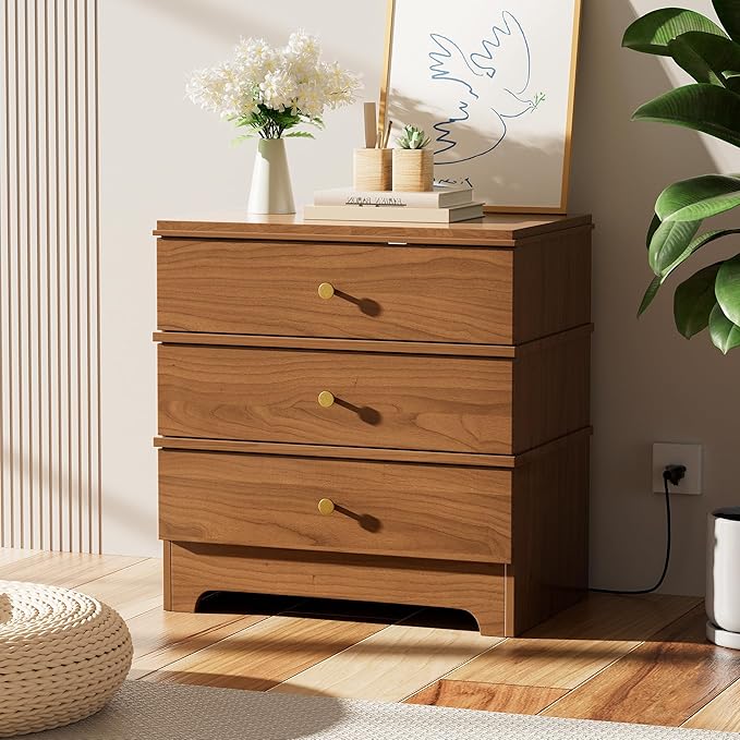 3 Drawer Nightstand with Charging Station,24" Farmhouse Night Stand & Modern Bedside Table, Wood End Table Storage Cabinet for Bedroom Hallway, Entryway,Brown