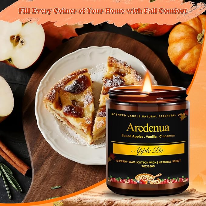 Fall Candle - Apple Pie Candle | Autumn Scented Candles for Home, 7oz Apple Soy Candles for Home Scented, 50 Hours Burn Time, Harvest Holiday/Halloween/Thanksgiving Fall Gifts for Women Men