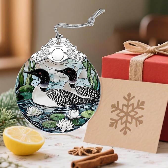 Loon Birds Stained Glass Ornament - Christmas Decorations for Tree | Christmas Ornaments | Holiday Ornament – Gifts for Bird Lovers | Holiday Party Gifts | Gift Ideas & Xmas Gift