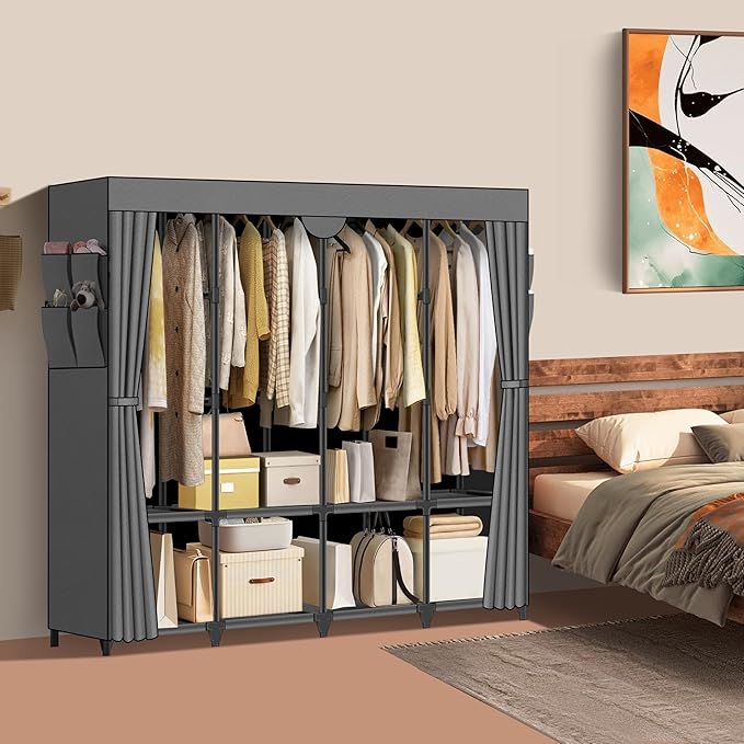 Wardrobe Closet, Quick and Easy Assembly, Gray Large Capacity Portable Closet with 4 Hanging Rods 8 Storage Shelves and 8 Side Pockets, Clothes Rack with Cover, for Bedroom and Living Room