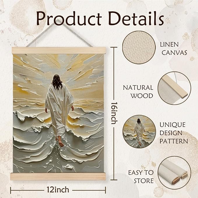 YTRG Jesus Wall Art, Bible Verse Wall Decor, Jesus Walking on Water Canvas Prints Framed Decor for Home Living Room Bedroom, 12x16 In