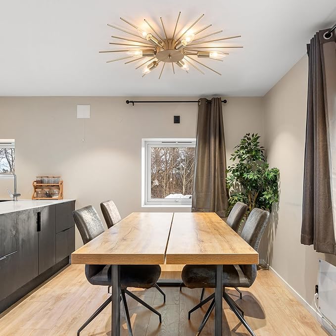 Jaycomey 6-Lights Sputnik Light Fixture Flush Mount Gold Ceiling Lights Modern Firework Metal Ceiling Lighting Mid Century Chandelier for Farmhouse Dining Room Bedroom Hallway Living Room, E12