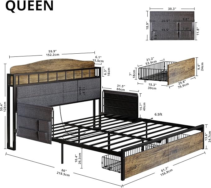 LIKIMIO Queen Bed Frame with Guardrail & Bedside Caddy, Multifunctional Headboard with Charging Station, Durable Metal Platform Bed, Noise-Free, No Box Spring Needed, Black