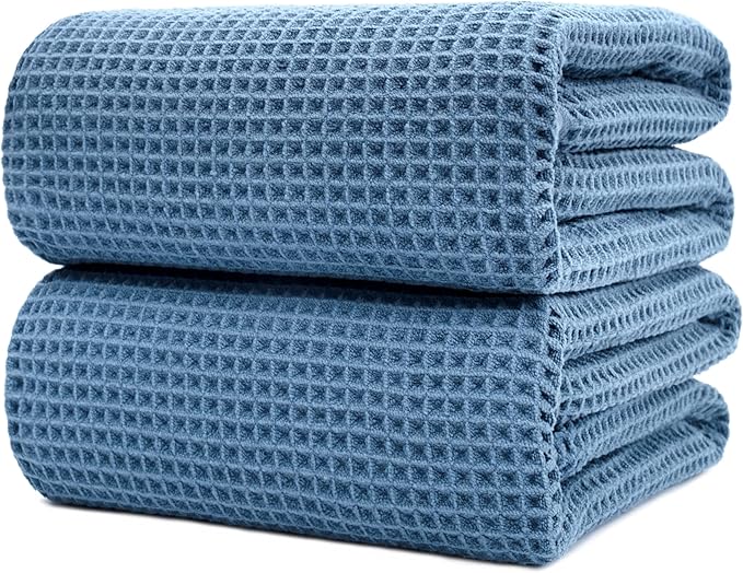 POLYTE Microfiber Quick Dry Lint Free Bath Sheet, 70 x 35 in, Set of 2 (Blue, Waffle Weave)