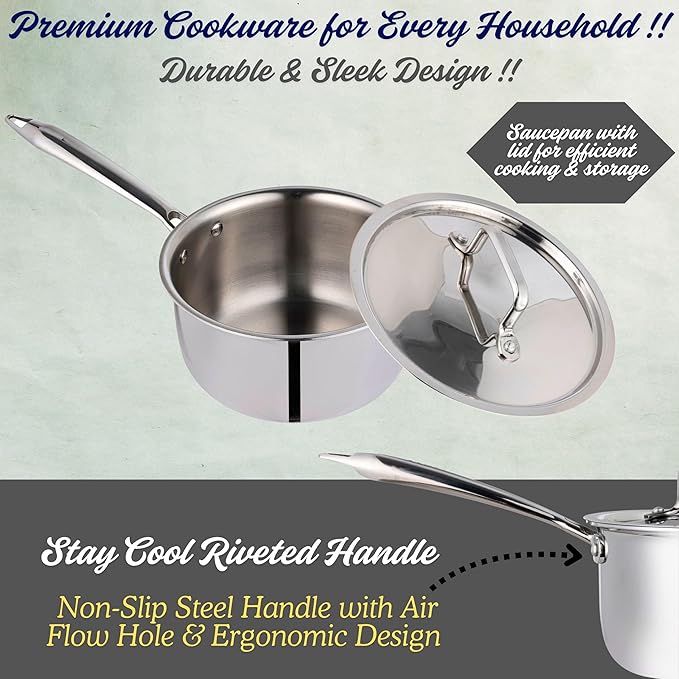 Triply Stainless Steel Saucepan with Lid, 1.3 Quart / 1250 ML, All Clad Induction Compatible Tri-Ply Heavy Duty Sauce Pans, Oven Safe, Thick Saucier Pan, Dishwasher Friendly