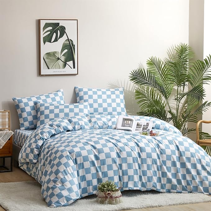 Blue and White Checkered Comforter Set Twin Comforter Set Lightweight Twin Bedding Set 3 Pieces Includes 1 Checkered Comforter (68"x90") and 2 Pillowcases (20"x26")