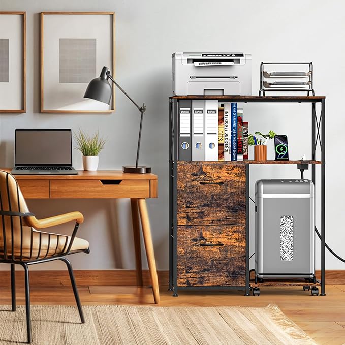 Printer Stand for Home Office, 31.5 x15.7 x 40 Inches Large Mobile Printer Table with Adjustable Storage Shelf, 2 Drawer File Cabinets Rolling Cart with Wheels for Host Computer - Rustic Brown