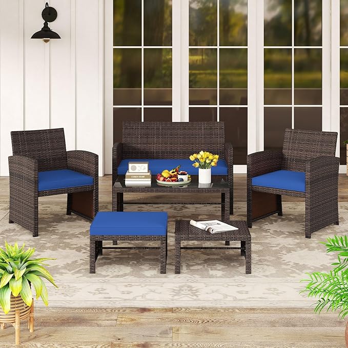 Tangkula 6 Pieces Patio Furniture Set, Outdoor Sectional Conversation PE Rattan Sofa Set with 1 Loveseat, 1 Coffee Table, 2 Armchairs and 2 Ottomans for Garden, Deck, Backyard and Poolside (Navy)