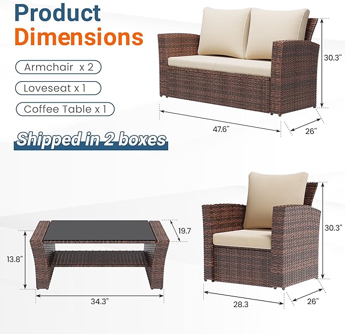 Wisteria Lane 4 Piece Patio Furniture Set, Wicker Outdoor Patio Conversation Furniture Set, All Weather Outdoor Patio Sofa with Cushion and Glass Table, Brown