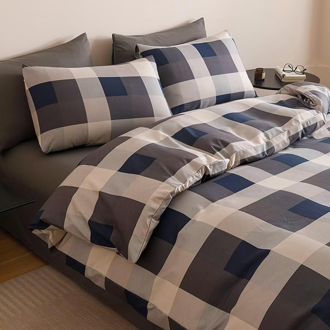 Blue Checkered Comforter Set Twin Size Blue, Gray, Beige and White Three-Color Bedding Soft Bedding Simple and Modern Bedroom Decoration