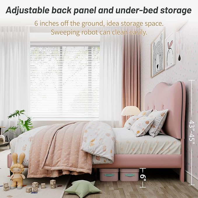 Twin Size Bed Frame, Upholstered Bed Frame with Headboard, Platform Bed Frame with Wood Slats Support, No Box Spring Needed, Adjustable Height Headboard, Pink