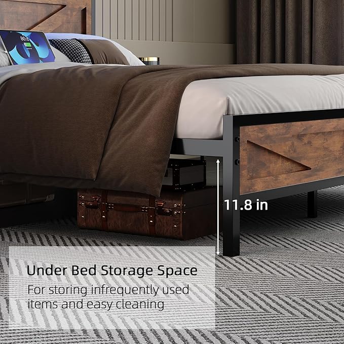 Twin Bed Frame with Charging Station and LED Lights, Twin Size Metal Platform Bed Frame with Storage and Rustic Barn Door Headboard, Heavy Duty Steel Slats Support, No Box Spring Needed, Rustic Brown