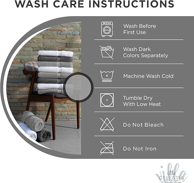 100% Combed Cotton Bathroom Towel Set of 6- 2 Bath Towels, 2 Hand Towels, 2 Wash Cloths, Sustainable, Soft, Highly Absorbent 6 Piece Cotton Bath Towel Set Ideal for Hotels, Spa, Bathroom, Dorm, Grey