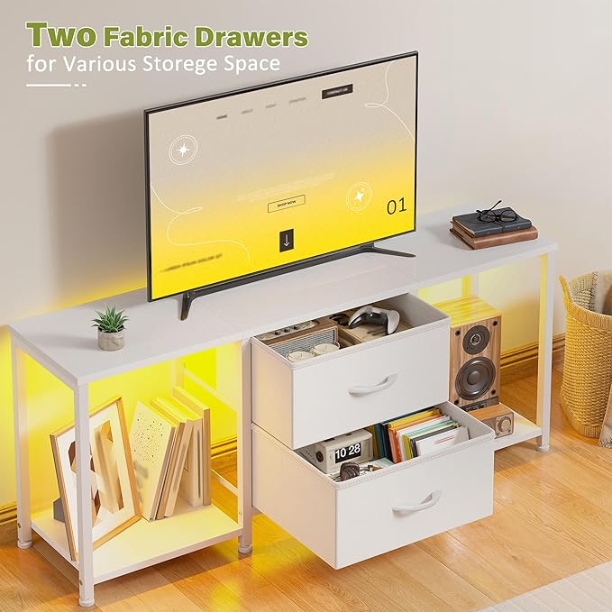White TV Stand with LED for TVs up to 55 Inch, Coffee Table with 2 Fabric Drawers and 2 Open Storage Shelves, Entertainment Center TV Console for Living Room, Bedroom, Wood Top, Metal Frame
