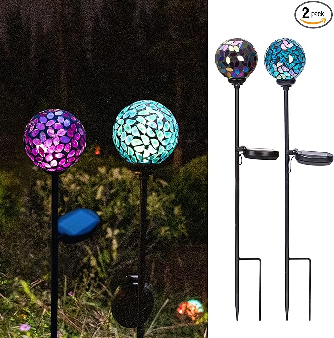 VCUTEKA Solar Garden Decorative Lights Outdoor, Mosaic Solar Light Waterproof LED Pathway Stake Light for Landscape Patio Yard Deck Walkway Decoration, 2 Pack (Blue&Purple)