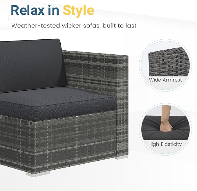 Wisteria Lane 5-Pieces Outdoor Patio Furniture Set, All Weather Wicker Rattan Sectional Sofa Conversation Set with Cushions & Glass Coffee Table for Backyard Porch Garden Balcony, Grey