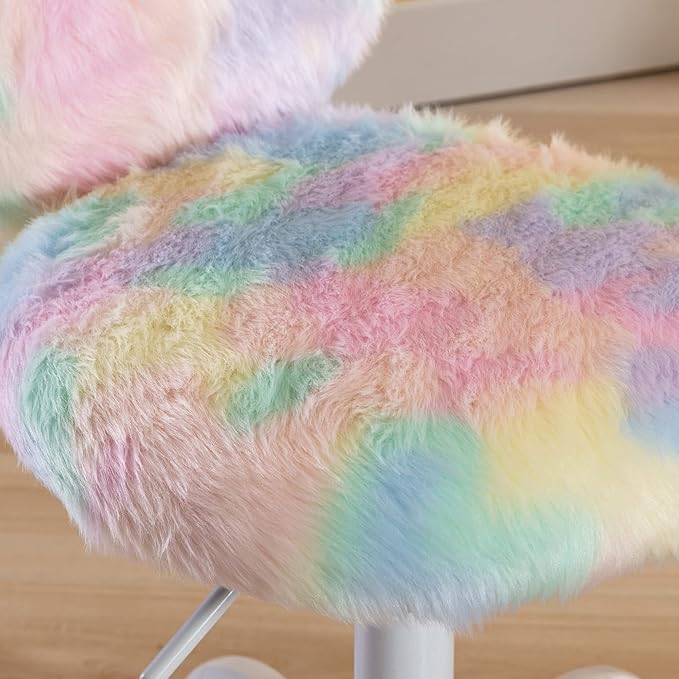 Cute Fuzzy Kids Chair Comfy Study Desk Chair Furry Studing Computer Task Chairs Faux Fur Swivel Vanity Chairs for Girls Bedroom, Multi-Color