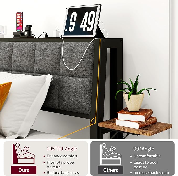 Full Size Bed Frame with Headboard,Metal Platform Bed Frame Full with Storage and USB Charging Station,Upholstered Bed Frames with Metal Slat Support/No Box Spring Needed/ Under Bed Storage/Noise Free
