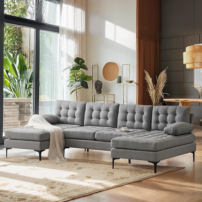 VINGLI 110" Modern U Shaped Sectional Sofa Couch with 51"D Double Chaise for Living Room, Large Tufted Button Couch Sets with 5.9" Thickness Seating Padding for Small Spaces (Light Grey,Tufted Button)