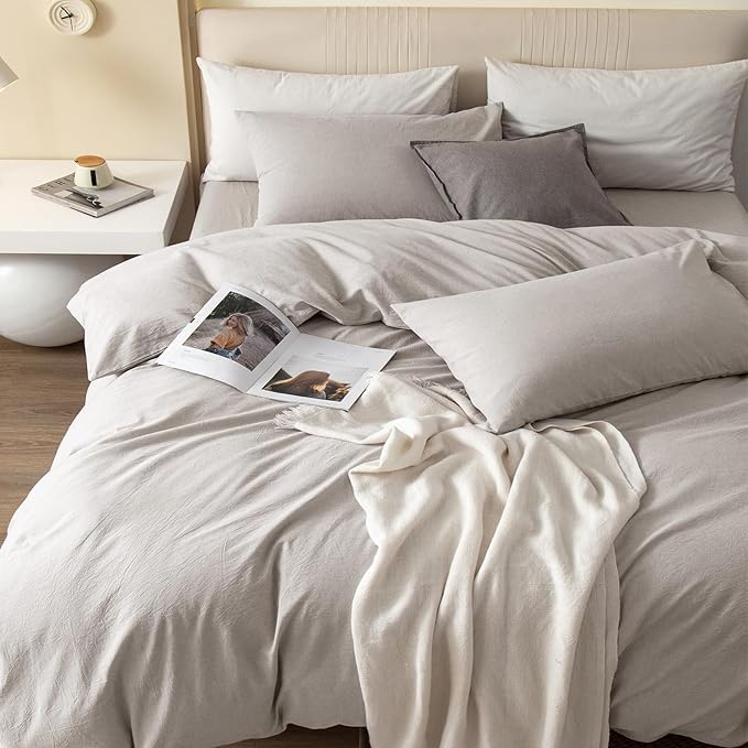 JIYUAN 100% Washed Cotton Duvet Cover Set 3 PCS Oversized King Plus, 1 Duvet Cover 128"x120"(Comforter Not Included) and 2 Pillowcases,Linen Feel Bedding Set Comfy and Breathable,Heathered Cream Grey