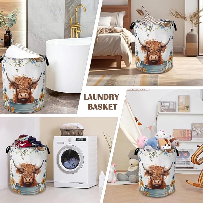 Highland Cow Laundry Hamper,Collapsible Laundry Baskets,Butterfly Flowers Dirty Clothes Baskets with Handles,Oxford Cloth Hamper for Bedroom,Bathroom,College Dorms, 16"x20"