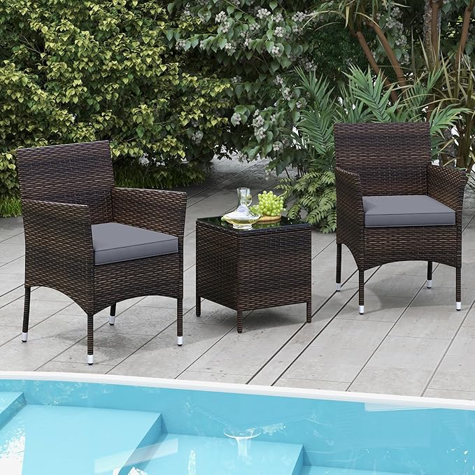 Tangkula 3 Pieces Patio Rattan Furniture Set, Outdoor Conversation Set with PE Wicker Armchairs, Tempered Glass Top Coffee Table, Soft Removable Cushions, for Porch Garden Yard Balcony (Grey)