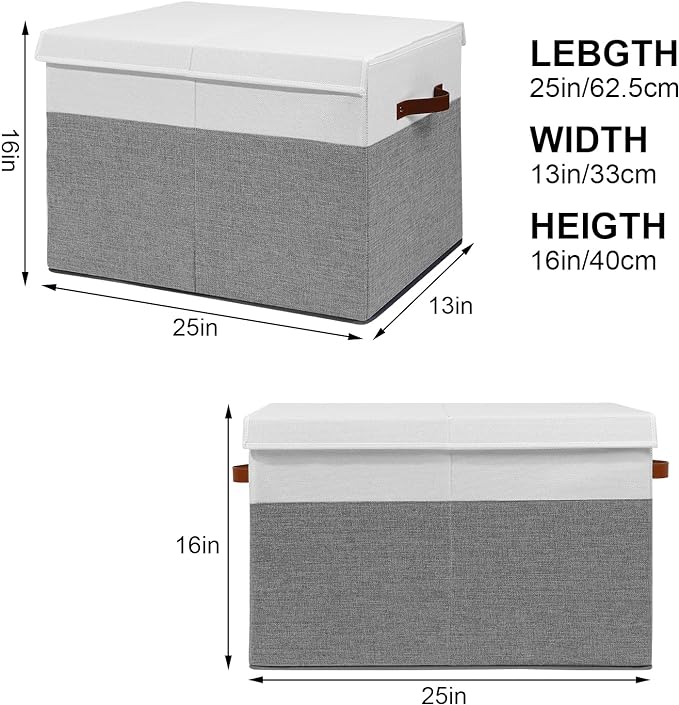 Large Toy Storage Box with Lid, Sturdy Toys Storage Chest Bin Organizer Basket with Dividers for Kids, Boys, Girls, Nursery, Closet, Bedroom, Playroom 25"x13" x16" (Grey and White)