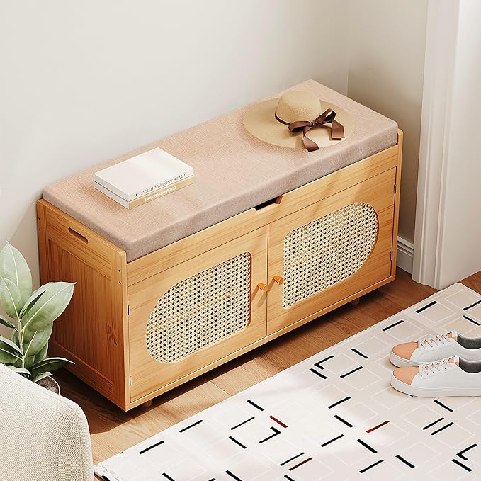 Rattan Shoe Storage Bench,Bamboo Entryway Bench, 2-Tier Shoe Rack,35.4" W x 12.6" D x 19.7" H with 2 Doors & Padded Seat Cushion for Entryway, Living Room, Bedroom, Natural