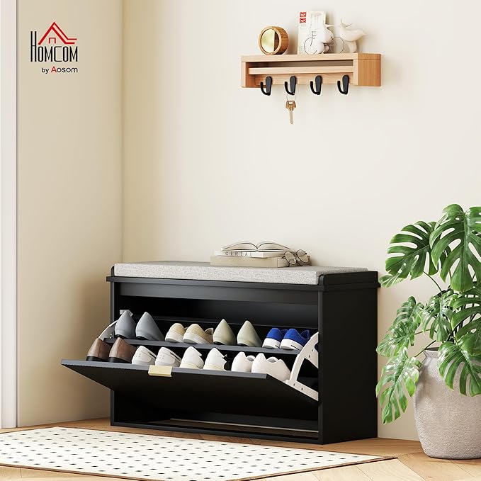 HOMCOM Narrow Shoe Bench with Padded Seat Cushion and Flip-Drawer, Small Entryway Bench Holds up to 265lb, Shoe Cabinet, 31.5x10.2x18.7 Inches, Black