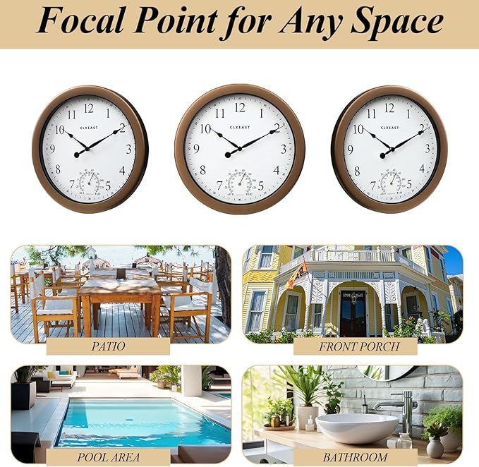 CLXEAST 10.4 Inch Indoor Outdoor Clocks Waterproof,Outdoor Clock with Temperature for Bathroom,Kitchen, Patio,Pool,Bronze/Dark Brown Finish,House Warming Gifts New Home
