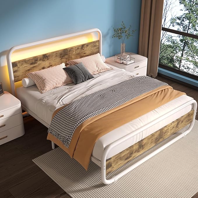 Catrimown Full Size Bed Frame, Metal Full Bed Frame with LED Headboard and Footboard, Heavy Duty Wooden Platform Bed Frame with Under Bed Storage, Noise Free, No Box Spring Needed, White