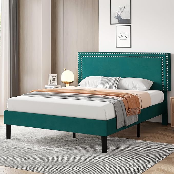 VECELO Full Size Bed Frame with Adjustable Upholstered Headboard, Wooden Slats Platform, Noise-Free Design, No Box Spring Needed, Easy Assembly