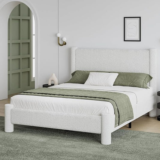 Queen Size Bed Frame, Boucle Upholstered Platform Bed with Headboard and Footboard, Soft Rounded Corners, No Box Spring Required, Easy Assembly, White