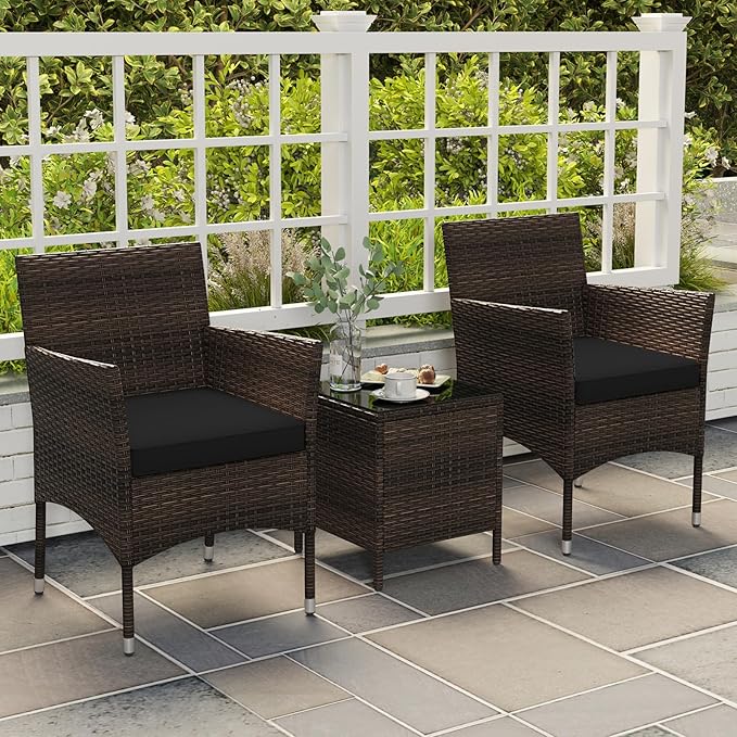 Tangkula 3 Pieces Patio Rattan Furniture Set, Outdoor Conversation Set with PE Wicker Armchairs, Tempered Glass Top Coffee Table, Soft Removable Cushions, for Porch Garden Yard Balcony (Black)
