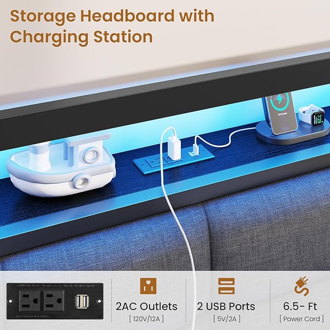 Hasuit Full Floating Bed Frame with Charging Station and LED Lights, Full Size Bed Frame with Wood Storage Headboard, Grey Upholstered Platform Bed, No Box Spring Needed, Noise Free, Easy Assembly