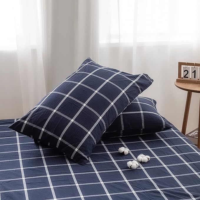 FACE TWO FACE Bedding Duvet Cover Set 3 Pieces 100% Washed Cotton Duvet Cover Linen Like Textured Breathable Durable Soft Comfy (King, Dark Blue Grid)