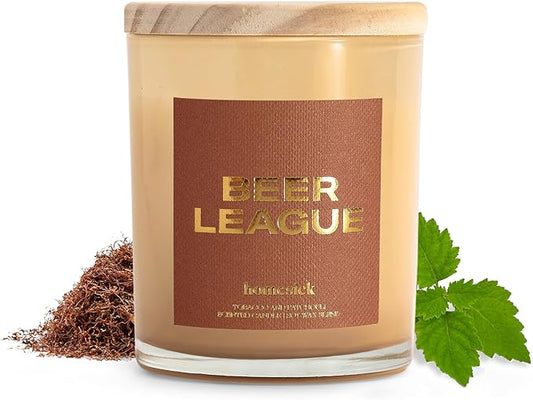 Homesick Scented Candles for Home (Beer League) - 7.5 oz Long-Lasting Natural Soy Wax Blend Jar Candle Gift for Women & Men for All Occasions, 30-35 Hours Burn Time - Notes of Tobacco & Tonka