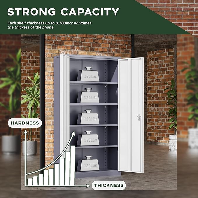 Greenvelly Metal Garage Storage Cabinet, 72”Locking Steel Storage Cabinet with 2 Doors and 4 Adjustable Shelves for Home Office,School,File(Gray White)