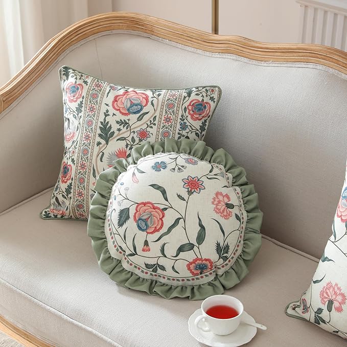 Design Round Retro Elegance Linen Throw Pillow Covers Diameter 16" Pack of 2, Green Pink Floral Pattern Cushion Covers Decor Pillowcases for Bed,Living Room,Outdoor,Car