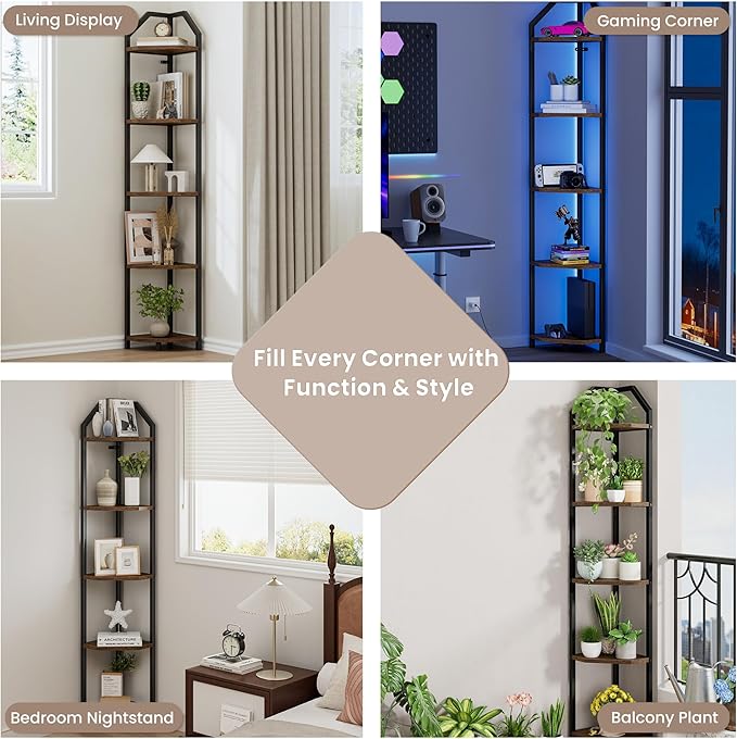 70 Inch Corner Shelf with LED Lights, 5-Tier Corner Bookshelf for Small Spaces, Wood & Metal Storage Rack for Bedroom, Living Room, Office - Modern Space Saving Design- Brown