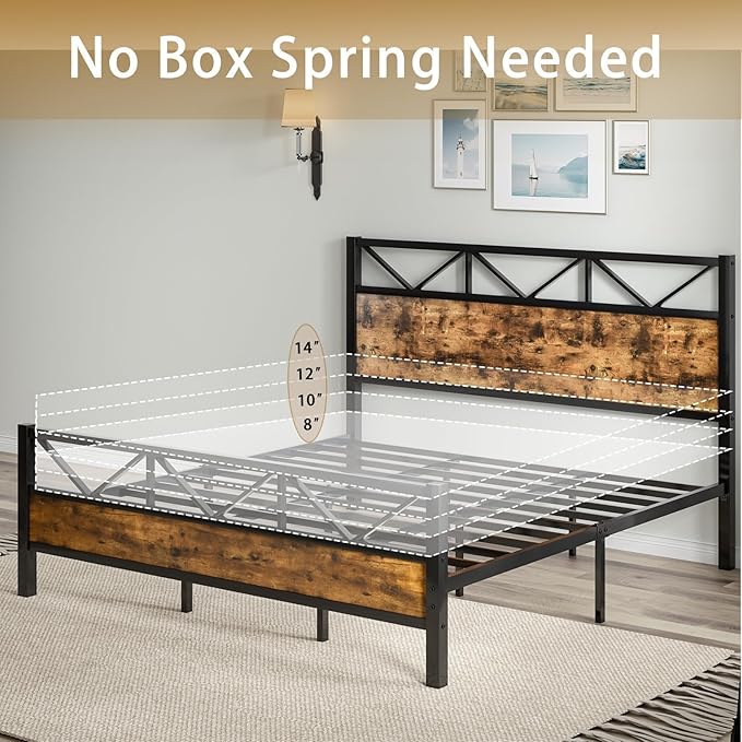 Queen Bed Frame with Headboard, Industrial 51.2" Tall Headboard, Queen Platform Bed Frame with Heavy Duty Metal Slats Support, No Box Spring Needed, Noise-Free, Easy Assembly, Rustic Brown