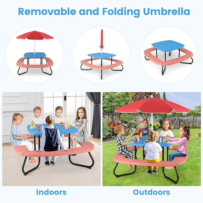 KOTEK 8-Person Kids Picnic Table, Toddler Activity Table with Removable Umbrella, 4 Built-in Benches, HDPE Top & Metal Frame, Kids Outdoor Table for Patio Garden Backyard (Blue+Red)