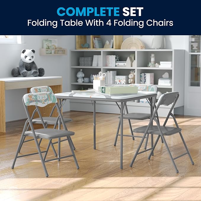 Flash Furniture Mindy Kids 5-Piece Folding Square Table and Chairs Set for Daycare and Classrooms, Children's Activity Table and Chairs Set, Printed